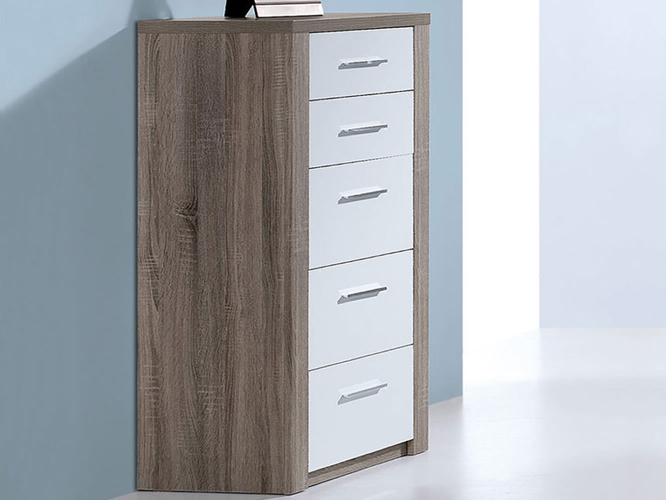 Commode Como Chêne Gris/Blanc 5 tir. Commode Como Chêne Gris/Blanc 5 tir.